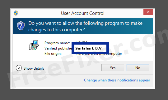 Screenshot where Surfshark B.V. appears as the verified publisher in the UAC dialog